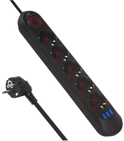 Maclean MCE394/MCE395 Steckdosenleiste | USB 2500W 1,5m | Kompakt mit Schalter, beleuchtete USB-Anschlüsse 45° | Wandmontage (Schwarz, 5 Anschlüsse)