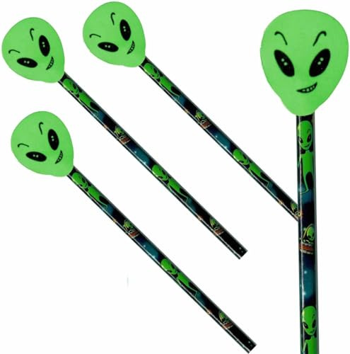 Partystrolche 4 Bleistifte * ALIEN * mit Radiergummi für Schule, Kindergarten und Adventskalender | Stift Zeichnen Schreiben Kinder Außerirdische Ufo Monster