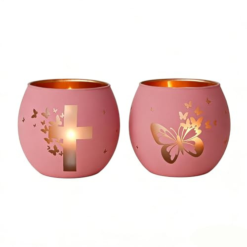 Religiöse Geschenke für Frauen & Mädchen, 2er Set Teelichthalter Kreuz & Schmetterling Rosa, Deko Ostern, Christliche Geschenke für Taufe Mädchen, Erstkommunion, Konfirmation, Gedenken