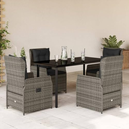 Runheo 5-TLG. Garten-Essgruppe mit Kissen Grau Poly Rattan, verstellbare Relaxsessel, gehärtetes Glas, für Terrasse, Balkon, Outdoor-Mahlzeiten
