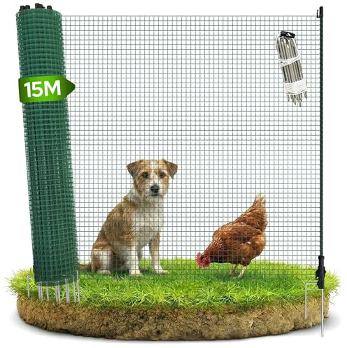 Arebos Valla de jardín móvil 15 m | Valla flexible de 90 cm de altura con 9 postes | Para perros, pollos y animales pequeños | Resistente a la intemperie