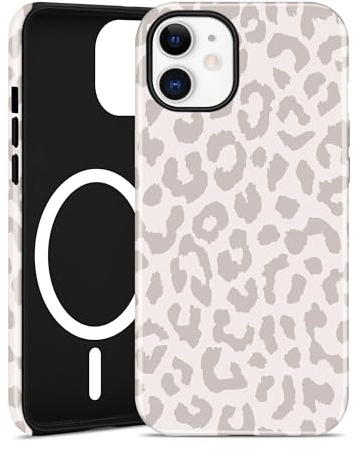 Jusy Handyhülle Magnetische für iPhone 12/12 Pro Hülle, Aesthetic Leopardenmuster Design, Kompatibel mit MagSafe Zweischichtige Stoßfest Bumper Case, Beige