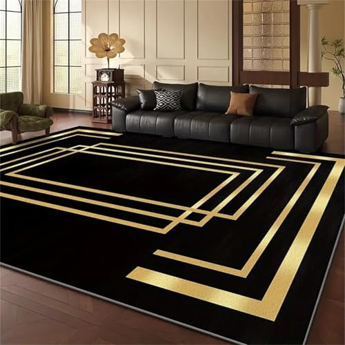 Kuluoits Moderner Teppich, 60x90cm, Abstrakte, Geometrische Teppiche in Schwarz und Gold für Den Innenbereich, Nordische Mode-Heimdekoration, Weiche Teppiche für Wohnzimmer und Schlafzimmer