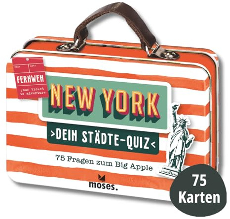 moses. Dein Städte-Quiz New York – 75 Fragen zum Big Apple, Kartenset mit Fragen und Bildern rund um Sehenswürdigkeiten, Geschichte und Kultur, in einer Blechdose (Fernweh)