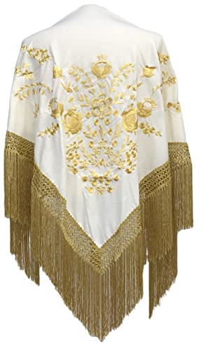 La Senorita Spanischer Manton Tuch Schal creme weiß mit goldenen Blüten und Fransen Größe: Large 190 * 90 cm für Damen