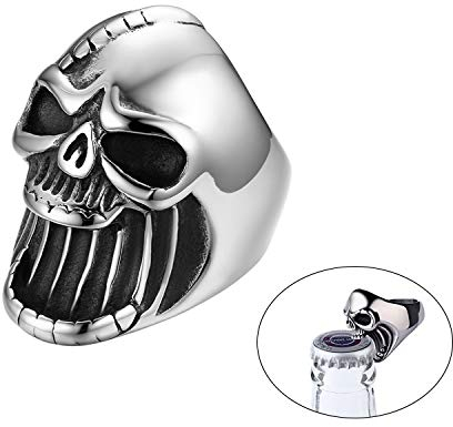 JewelryWe Schmuck Herren-Ring, Edelstahl Totenkopf Schädel Gothic Biker Flaschenöffner Ring, Silber, Größe 54