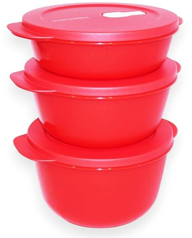 Tupperware Set of 3 Crystalwave Microwave Bowls 4.25, 6.25 and 8.5 Cup Red