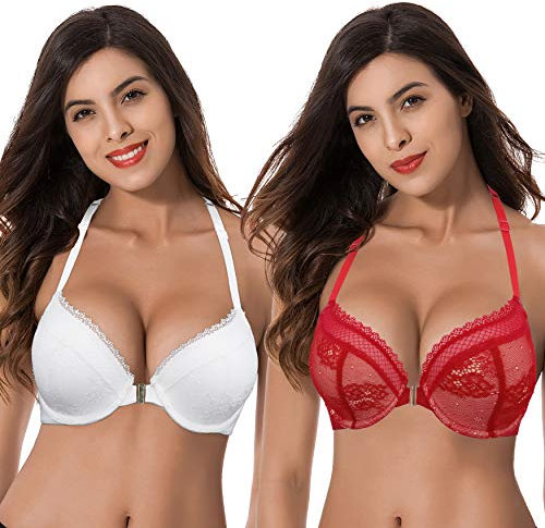 Curve Muse Women's Plus Size Push Up Add 1 Cup Underwire Halter Front Close Bras, Red,white(2 Pack), 34C
