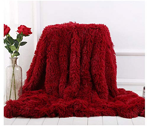 Plaid en fausse fourrure à poils longs, super doux, confortable et élégant, pour canapé, fauteuil et lit (bordeaux, 160 x 200 cm)
