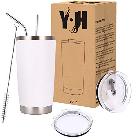 Y·J&H 20oz (550ml) Doppelwandig Vakuum Isolierter Autobecher, Edelstahl Reiseflasche, Thermobecher Kaffee to Go mit 2 Spritzfestem Deckel 2 Strohhalm, Rohrbürste,BPA Free - Weiß