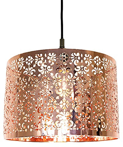 Unique Moroccan Designed Shiny Copper Metal Circular Pendant Light Shade with Floral Decor | 30cm Diameter | Maximum 60watt Bulb Allowed by Happy Homewares