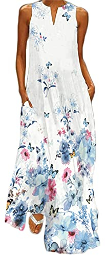 WINKEEY Damen Maxikleid Schmetterling Blumen Drucken V-Ausschnitt Böhmischer Plus Size Sommerlanges Kleid mit Taschen, Blaue Blume1 XL