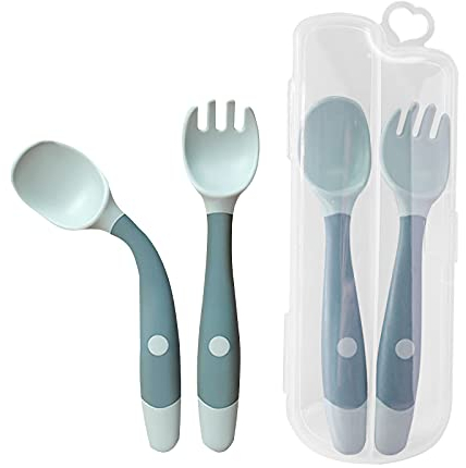 Tomedeks 2PCS Kleinkinder Fütterung Training Löffel und Gabel Geschirr,Baby Utensilien Löffel Gabeln Set, Easy Grip Hitzebeständige Biegsame Lernlöffel Gabeln für Kinder (blue)