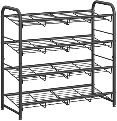 SONGMICS Stackable Shoe Rack, 4 Tier Metal Shoes Rack Storage Shelf, Holds up to 16 Pairs Shoes, Adjustable Slanted Shelves Shoe Tower Organizer for Closet Entryway Small Spaces, Black