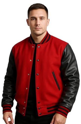 UGFashions Mens College Varsity Baseball Red Wool Black Faux Leather Sleeves Bomber Letterman Jacket, Medium