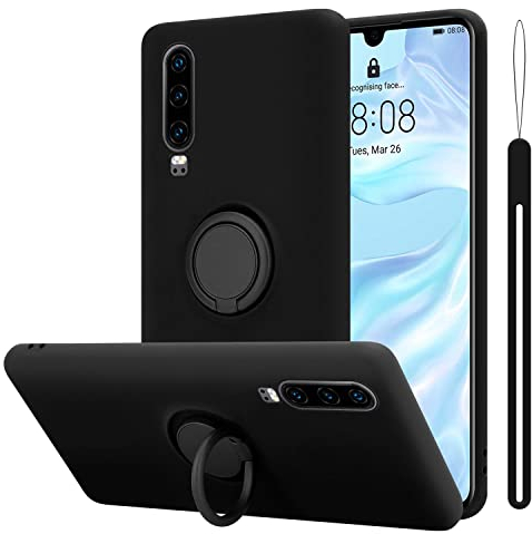 Cadorabo Hülle kompatibel mit Huawei P30 Schutzhülle TPU Silikon Case Liquid Design mit Ring Slim Kratzfest Liquidsilikon Microfaser mit Rundumschutz Case Hülle für Huawei P30 in Schwarz