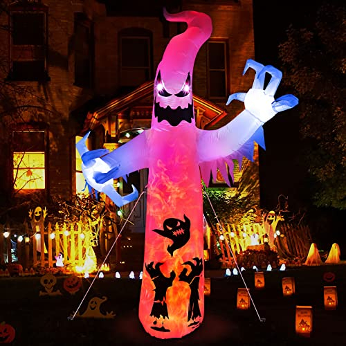 Fantôme d’Halloween 2,4 m, Décoration extérieure Spectre Blanc, Gonflable avec lumières LED intégrées à Changement de Couleur, idéal pour Les arrière-Cours, Les Jardins et Les pelouses