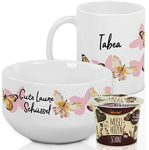 GRAZDesign Frühstücksset Kinder personalisiert mit Namen – Schmetterling Müslischale mit Tasse aus Keramik - 3-teiliges Geschirrset - Geschenkset für Jungen und Mädchen Schmetterlinge