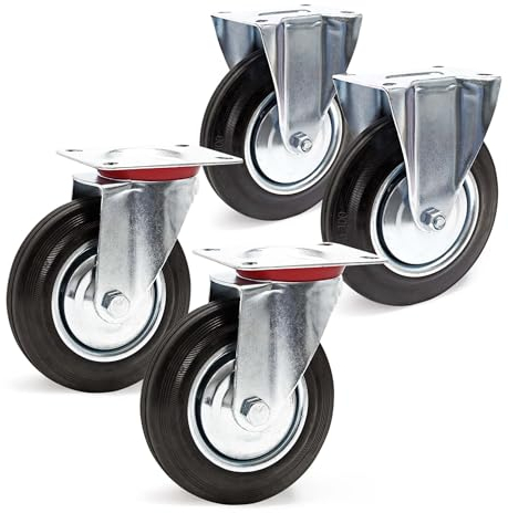 Wiltec Transportrollen Set 200mm 2x Lenkrolle ungebremst und 2x Bockrolle, mit Anbauplatte 150kg pro Rad