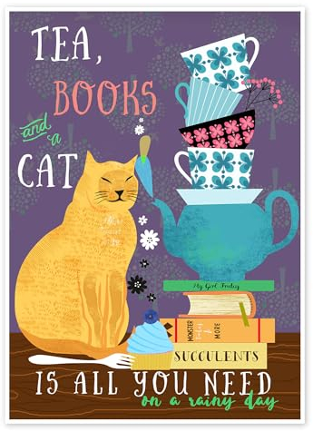 Tee, Bücher und eine Katze Poster von Taika Tori 30 x 40 cm Wandbilder Wanddeko