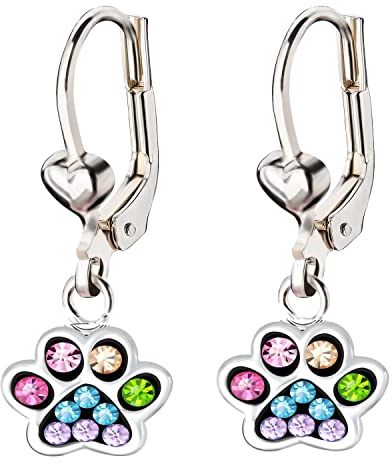 FIVE-D Ohrringe Pfote Tatze Hund 925 Sterling Silber gold Kinder Damen Mächen (Bunt-Ohrhänger)