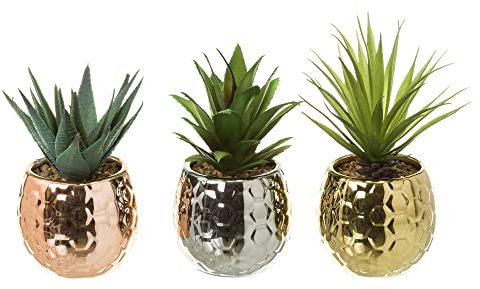 LOLAhome Set de 3 Plantas Artificiales Cactus de plástico Verde y Porcelana de Ø 9x18 cm