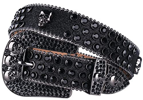 MUKINGBELTS Westerngürtel für Herren und Damen, mit Strasssteinen, luxuriöser Riemen, Nieten, Totenkopf, Diamant-Gürtel, modisch, Cowboy, Cowgirl, Bling Gürtel, Schwarz, 42: Fit waist from 30-32