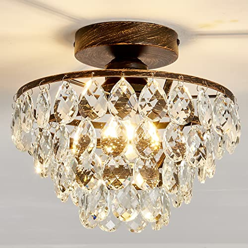 YYJLX Lámpara de araña de cristal, moderna lámpara de techo pequeña de montaje semiempotrado, bronce aceitado, mini lámpara de techo E26 para pasillo, dormitorio, armario de baño