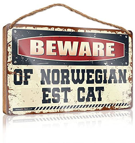 Letreros de estaño para garaje, cuidado con el gato noruego, letrero de madera para decoración de porche de otoño (tamaño 23 x 35 cm)