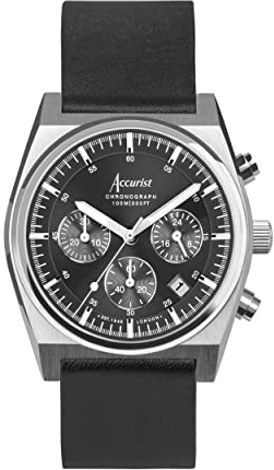 Accurist Origin Mens Analogue Watch 41mm dial Silver Leather Strap | Chronograph with date display, 100 Metres Water Resistance, sunray dial