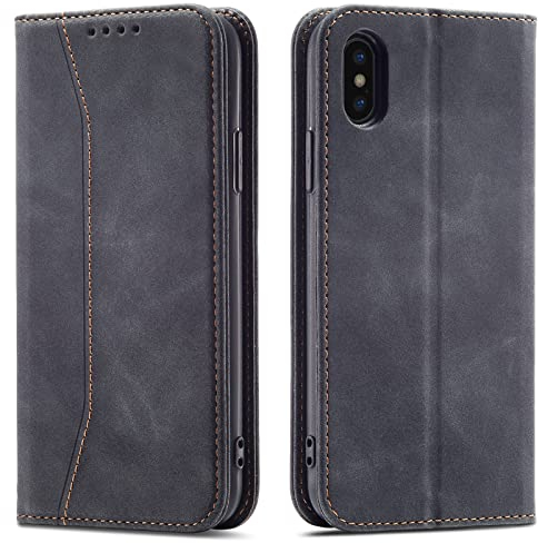OKZone Compatible with iPhone XS Max (6.5 Inches) Case, Magnetic Leather Mobile Phone Case for iPhone XS Max, Premium Leather Flip Foldable Card Slots Shockproof Stand Function (Black)