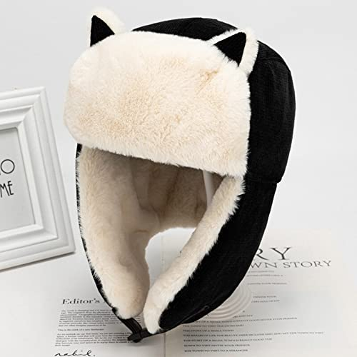 DEPAJA Russische Mütze Winter Uschanka Warme Ohrenschützer Winddichte Trappermütze Verdicken Hut Kaschmir Baumwolle Russische Fliegermütze Für Damen Herren,Schwarz,56-58Cm