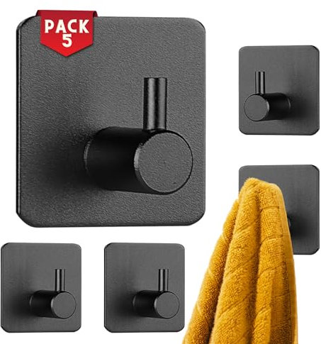 Ganchos Adhesivos para Pared 5 Piezas - Toallero baño sin taladro - Ganchos para Colgar de Acero Inoxidable, Soporte Toallas sin Taladro, Colgador para Baño o Cocina - perchero de pared (Negro)