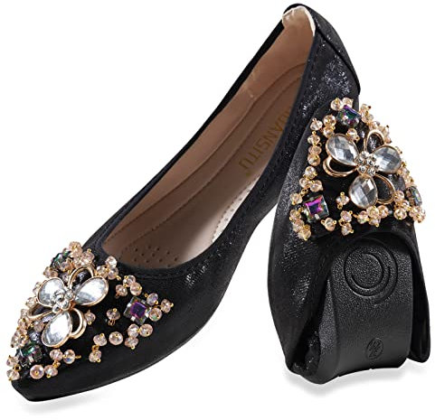MACHSWON Womens Fold up Pumps Roll up Shoes Foldable Ballet Flats with Sparkly Rhinestone, Portable Ladies Slip On Loafers(Black-1, Size 6)