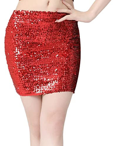 Frauen Paillettenröcke, Funkle dehnbare Bodycon Glitzer Röcke, Glänzender kurzer Hip Wrap Rock Minirock für Party Cocktail Kleid Performance Kostüm