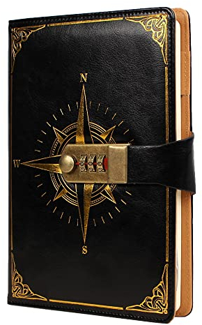 WANLIAN Diario in pelle con lucchetto, diario protetto con lucchetto a combinazione retrò, formato A5 200 pagine, nero