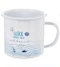 Cepewa - 56496 - Kaffeebecher, Becher, Maritim, Glück schmeckt salzig, weiß, Emaille, spülmaschinengeeignet, 9cm x 9cm, 450ml