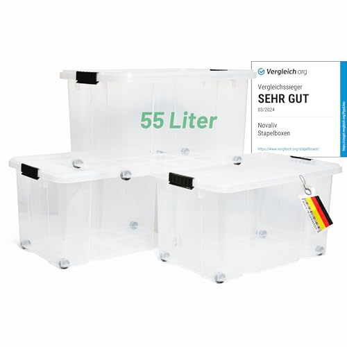 Novaliv 3x Aufbewahrungsboxen mit Deckel Groß 55L transparente Nestbar stapelbar mit Clipverschluss Rollboxen Kunststoff BPA-frei 61x40x32,5 cm