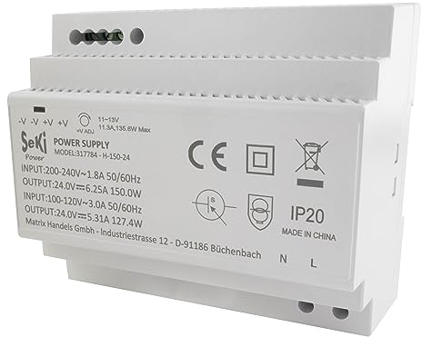 SeKi Alimentatore per guida DIN H-150 – 24 – 24 V – 6,25 A – 150 W DIN Rail – alimentatore di rete/trasformatore