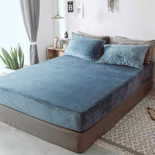 Michorinee Warme Fleece Spannbettlaken 180x200cm Cashmere Touch Kuschelig Flauschig Plüsch Flanell Bettlaken Spannbetttuch für Boxspringbett Topper Matratze bis 30 cm Hohe Petrol Blau