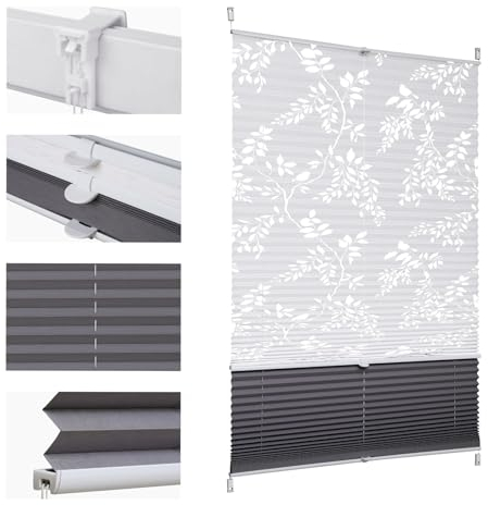 Sekey Plissee Doppelplissee Day+Night Verdunkelung ohne Bohren verspannt Lichtschutz Klemmfix Lichtdurchlässig Ausbrenner-Muster 100x120cm Druck & Grau