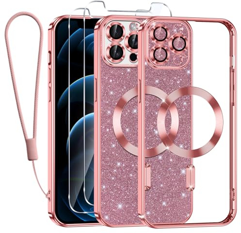 Kokio Glitter Magnetica Cover per iPhone 12 Pro Max con Cordino, Compatibile con MagSafe, Brillantini Sottile Silicone TPU Antiurto Custodia per iPhone 12 Pro Max con 2 Vetro Temperato Bumper, Rosa