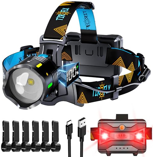 TIROFLX 12 Modes 210000 Lux Headlamp Motion Sensor Red Warning Zoomable Energy Saving, More Than 30Dys Standby Head Lamp, IP65 Waterproof and 125° Angle for Camping Outdoor Hardhat