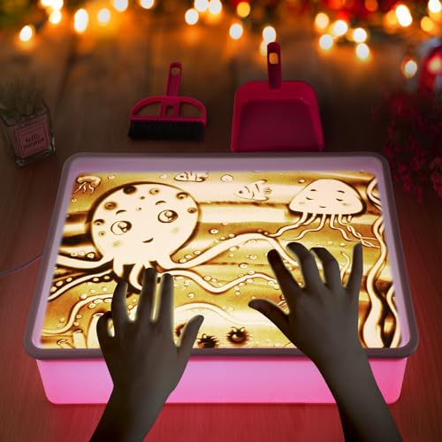 AtMini Sandmalerei Lichtkasten für Kinder mit 4 Packungen NatursandSand, Sandtablett Set für Kinder Sand Sensory Spielzeug ab 3 Jahr(Rosa)