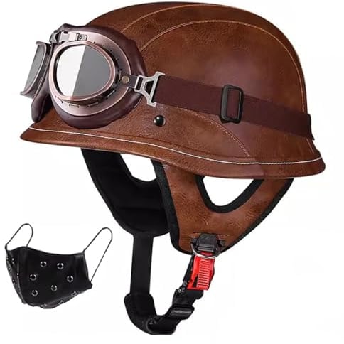 Deutsche Motorrad Halbhelme Leder Halbschalenhelm ECE Zertifiziert Open Face Helm Mit Ledermaske und Brille Abnehmbares Futter S~L 55~60CM Unisex