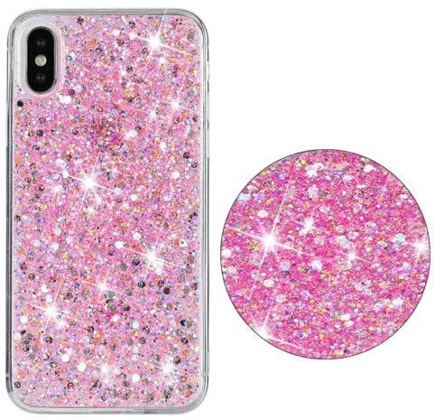 Unichthy All Glitter Case for iPhone Xs/iPhone X Cover Girls Women Glitter Bling Clear Cover Cute Sparkly Crystal Silicone Shockproof Bumper Phone Case for iPhone Xs/iPhone X Pink