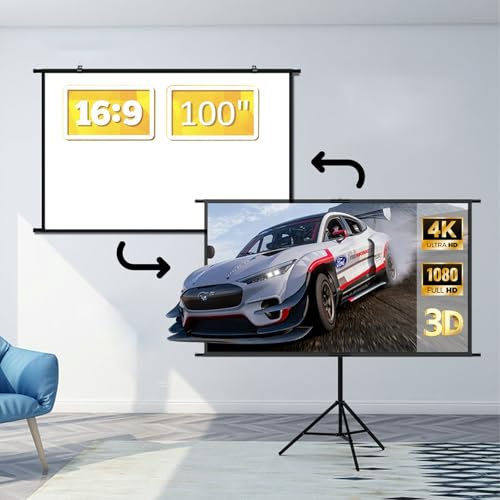 Potufa Beamer Leinwand mit Stativ, 100-Zoll 16:9 HD Projektor Leinwand mit Tragepaket, Outdoor Indoor Schnelles Falten Tragbare für Camping,Heimkino,Büro,Schule,Präsentation