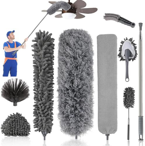 Feather Duster Extendable, 11 Pcs Reusable Bendable Washable Cobweb Duster with Extension Pole 39-100 Inch,Retractable Gap Dust Brush Cleaner Long Duster for Cleaning High Ceilings and Fans, Furniture