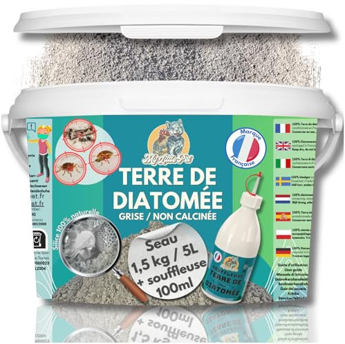 100% Terre de Diatomée Alimentaire Blanche | Terre de Diatomée Punaise de Lit | Poudre de Diatomée Cafard | Terre de Diatomée (600g) (600g vrac) (GRISE Seau 1.5Kg (5L) + Souffleuse 100ml)