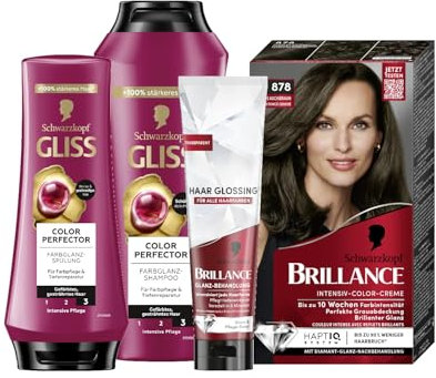Brillance Intensiv-Color-Creme 878 Dunkles Aschbraun (170 ml) & Glanz-Behandlung Haar, Glossing Neutral (150 ml) & Gliss Shampoo Colour Perfector (250 ml) & Spülung Colour Perfector (200 ml)